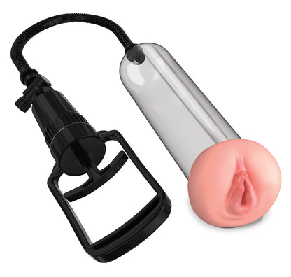 Pump Worx Beginner’s Pussy Pump – Penispumpe mit Vagina-Öffnung zusammen mit schwarzem Pumpmechanismus und Zubehör – erhältlich bei Evoria Care