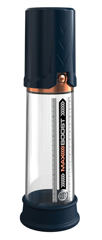 Pump Worx Max Boost Penispumpe – weitere Frontansicht mit transparentem Zylinder und blauem Pumpkopf – erhältlich bei Evoria Care