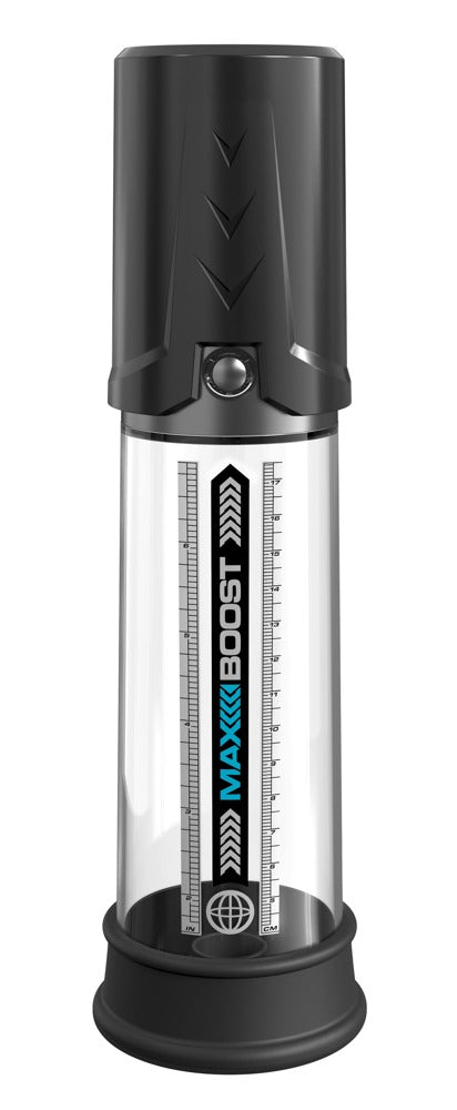 Pump Worx Max Boost Penispumpe – große Produktansicht mit transparentem Pumpzylinder, schwarzem Pumpkopf und schwarzem Standfuß – erhältlich bei Evoria Care