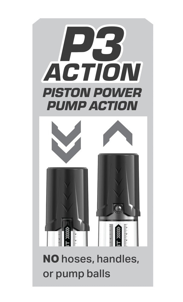 Pump Worx Max Boost Penispumpe – P3 Action Funktionsgrafik mit schematischer Darstellung zur Bedienung der Pumpe – erhältlich bei Evoria Care