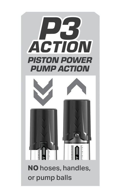 Pump Worx Max Boost Penispumpe – P3 Action Funktionsgrafik mit schematischer Darstellung zur Bedienung der Pumpe – erhältlich bei Evoria Care