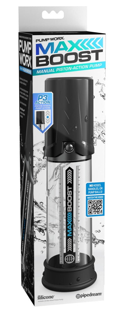 Pump Worx Max Boost Penispumpe – Produktdarstellung in der Pump Worx Verkaufsverpackung – erhältlich bei Evoria Care
