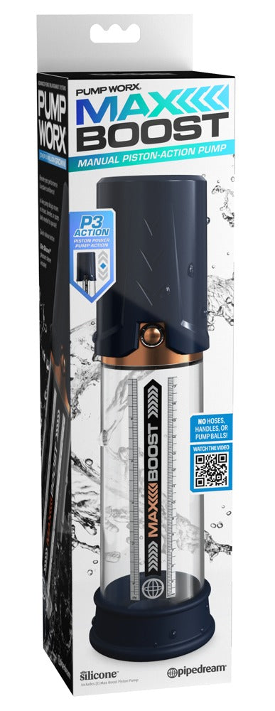 Pump Worx Max Boost Penispumpe – weitere Ansicht der Verkaufsverpackung mit Darstellung der Penispumpe – erhältlich bei Evoria Care