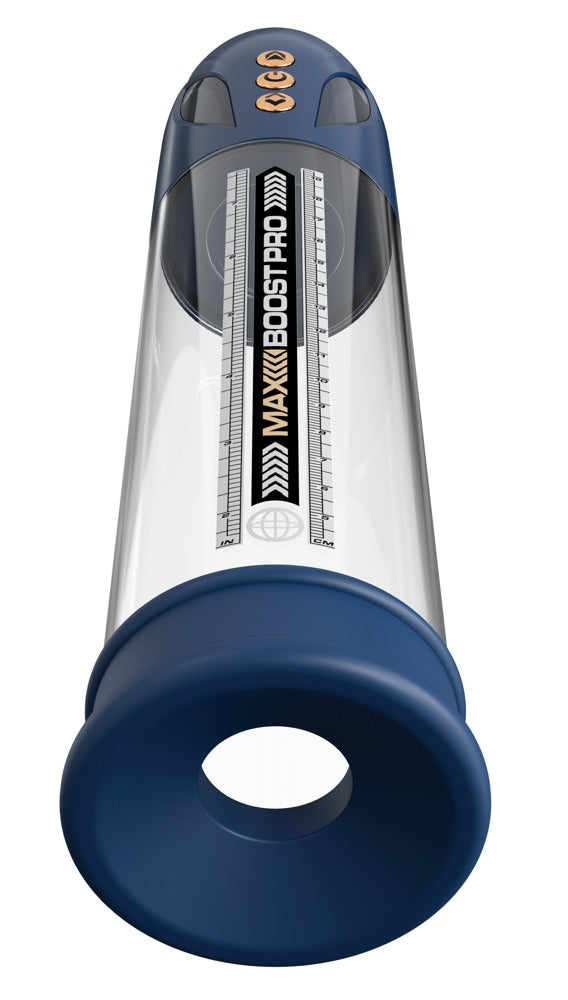 Pump Worx Max Boost Pro Flow Automatik-Penispumpe – aufrechte Ansicht mit transparentem Zylinder, blauem Gehäuse und breiter Öffnung – erhältlich bei Evoria Care