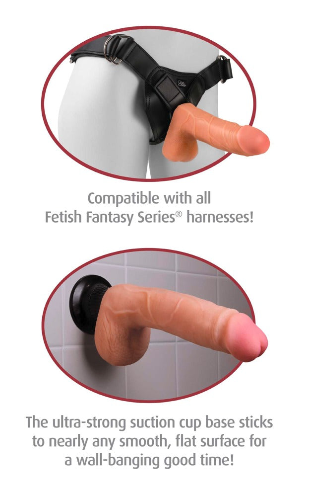 Real Feel Deluxe No. 1 – Funktionsdarstellung des realistisch geformten Vibrators mit Detailansichten zu Saugfuß und flexibler Beschaffenheit – erhältlich bei Evoria Care