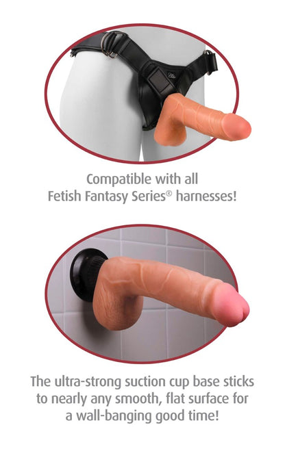 Real Feel Deluxe No. 7 – Funktionsdarstellung mit Detailansichten des schwarzen Saugfußes und der flexiblen Produktform – erhältlich bei Evoria Care