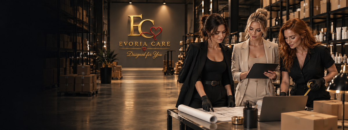 Evoria Care Team beim Umbau im Warenlager mit Markenlogo im Hintergrund