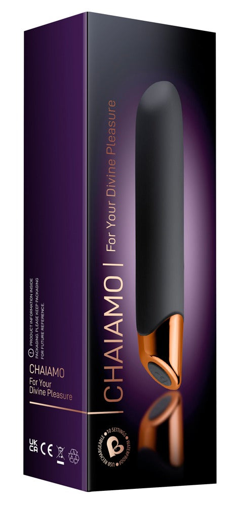 Rocks Off Chaiamo Power-Vibrator in Schwarz und Roségold – Vibrator mit Präzisionsspitze zusammen mit der Rocks Off Produktverpackung – erhältlich bei Evoria Care