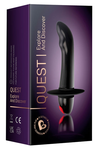 Rocks Off Quest Prostata-Vibrator in Schwarz – geschwungener Prostata-Vibrator zusammen mit der Rocks Off Produktverpackung – erhältlich bei Evoria Care