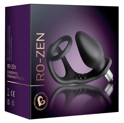 Rocks Off RO-ZEN in Schwarz – Penis- und Hodenring mit Vibro-Analplug zusammen mit der Rocks Off Produktverpackung – erhältlich bei Evoria Care