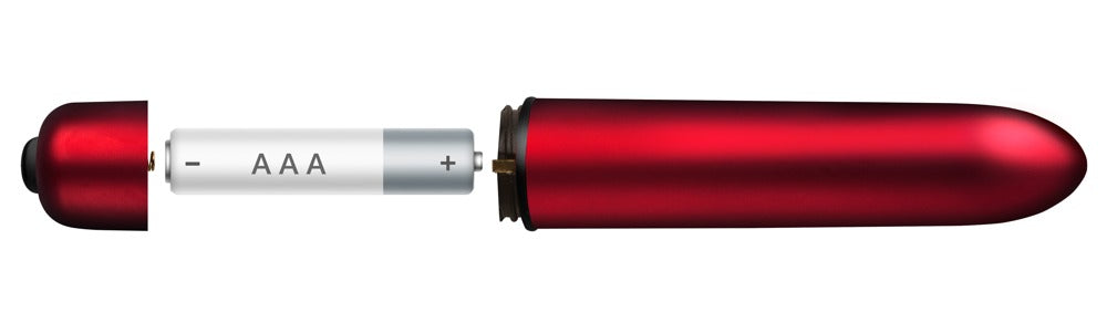 Rocks Off Scarlet Velvet Bullet-Vibrator – geöffnete Produktansicht mit getrennt dargestelltem rotem Gehäuse und schwarzem Griffteil – erhältlich bei Evoria Care