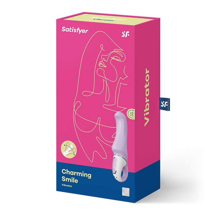 Satisfyer Charming Smile – pinkfarbene Originalverpackung des lilafarbenen Vibrators mit Produktabbildung, Satisfyer Markenlogo und blauem unteren Verpackungsbereich in schräger Ansicht auf weißem Hintergrund – erhältlich bei Evoria Care