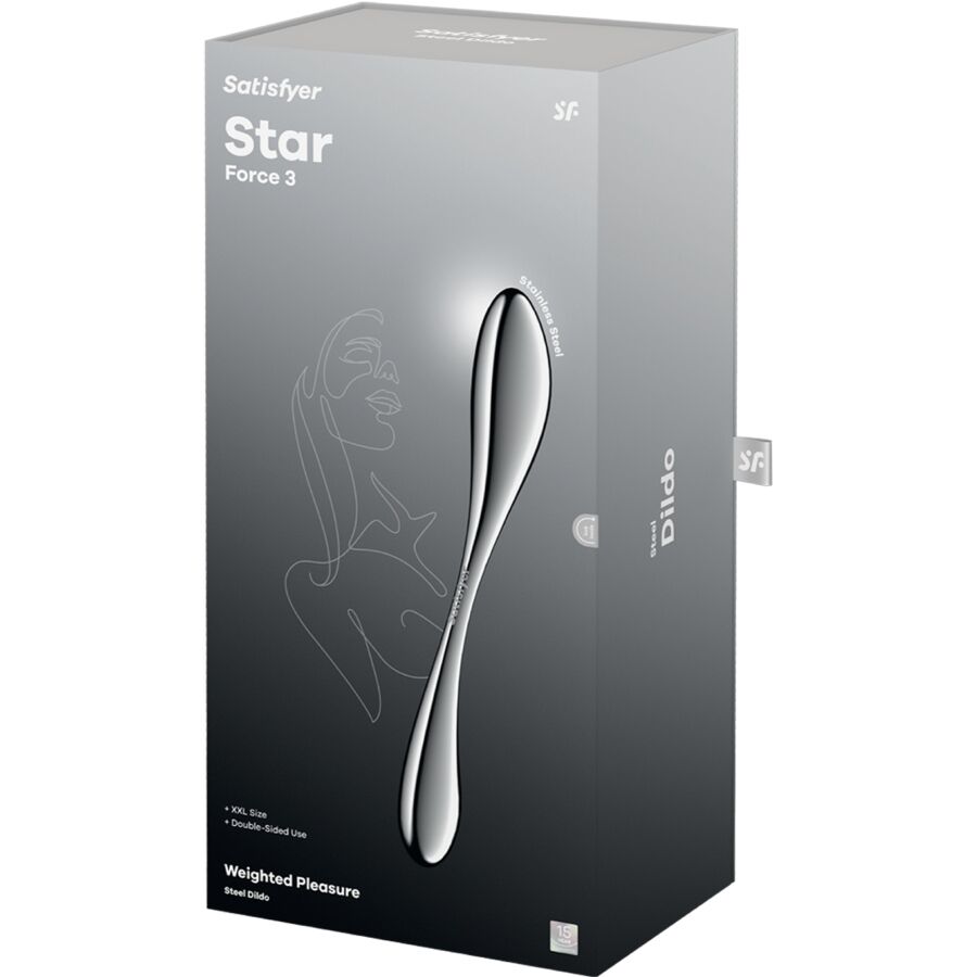 Satisfyer Star Force 3 – schwarz-silberne Originalverpackung des Intimstimulators mit silberfarbener Produktabbildung, dunklem Verpackungsdesign und Satisfyer Markenlogo in schräger Ansicht auf weißem Hintergrund – erhältlich bei Evoria Care