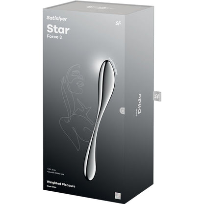 Satisfyer Star Force 3 – schwarz-silberne Originalverpackung des Intimstimulators mit silberfarbener Produktabbildung, dunklem Verpackungsdesign und Satisfyer Markenlogo in schräger Ansicht auf weißem Hintergrund – erhältlich bei Evoria Care