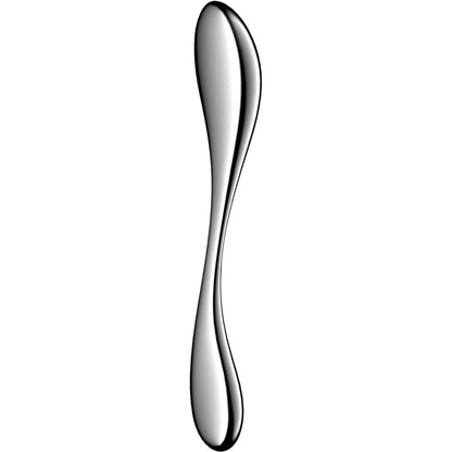 Satisfyer Star Force 3 – silberfarbener Intimstimulator in glänzender Edelstahloptik mit schlankem, sanduhrförmig geschwungenem Schaft und zwei unterschiedlich großen, abgerundeten Enden in aufrechter Vorderansicht auf weißem Hintergrund – erhältlich bei Evoria Care