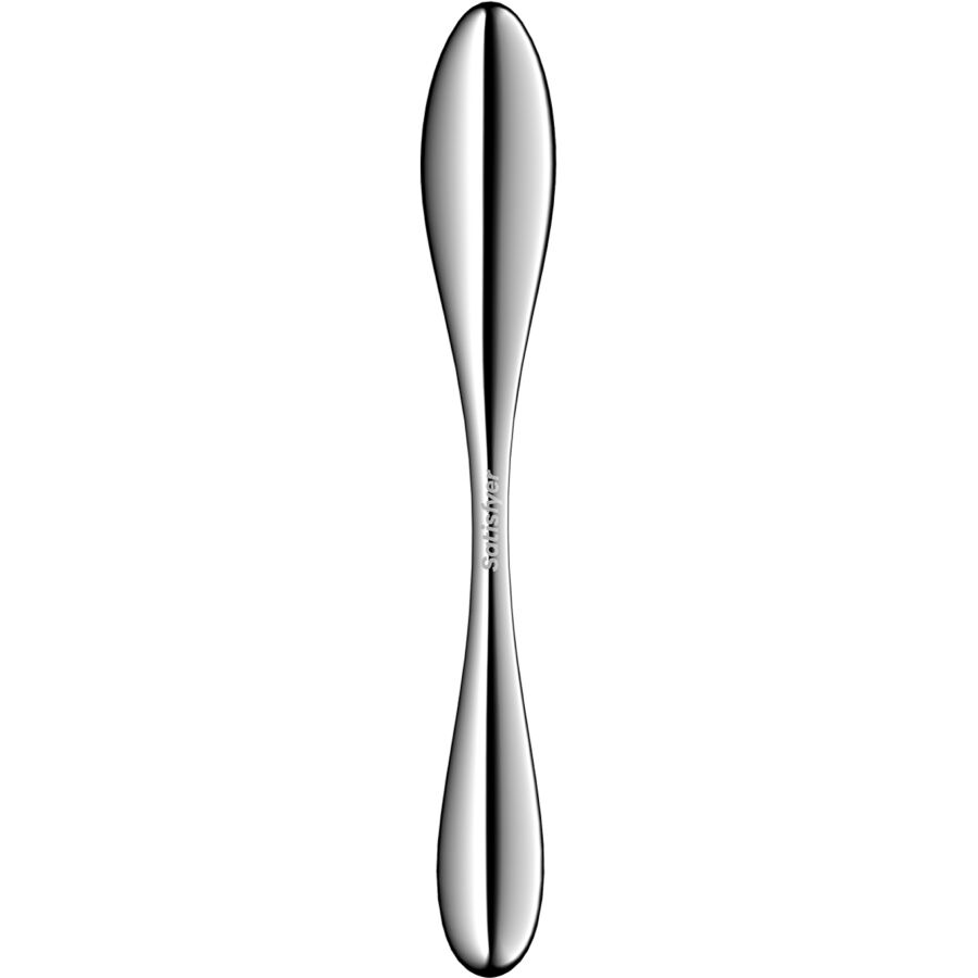 Satisfyer Star Force 3 – silberfarbener Intimstimulator mit glatter spiegelnder Oberfläche, schmaler geschwungener Mittelpartie und zwei abgerundeten Enden in aufrechter Rückansicht auf weißem Hintergrund – erhältlich bei Evoria Care