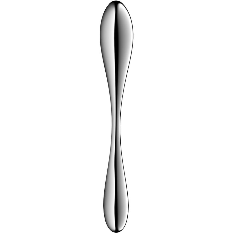 Satisfyer Star Force 3 – schlanker silberfarbener Intimstimulator mit spiegelnder Metalloberfläche, schmaler Mittelpartie und zwei sanft gerundeten Enden in aufrechter Seitenansicht auf weißem Hintergrund – erhältlich bei Evoria Care