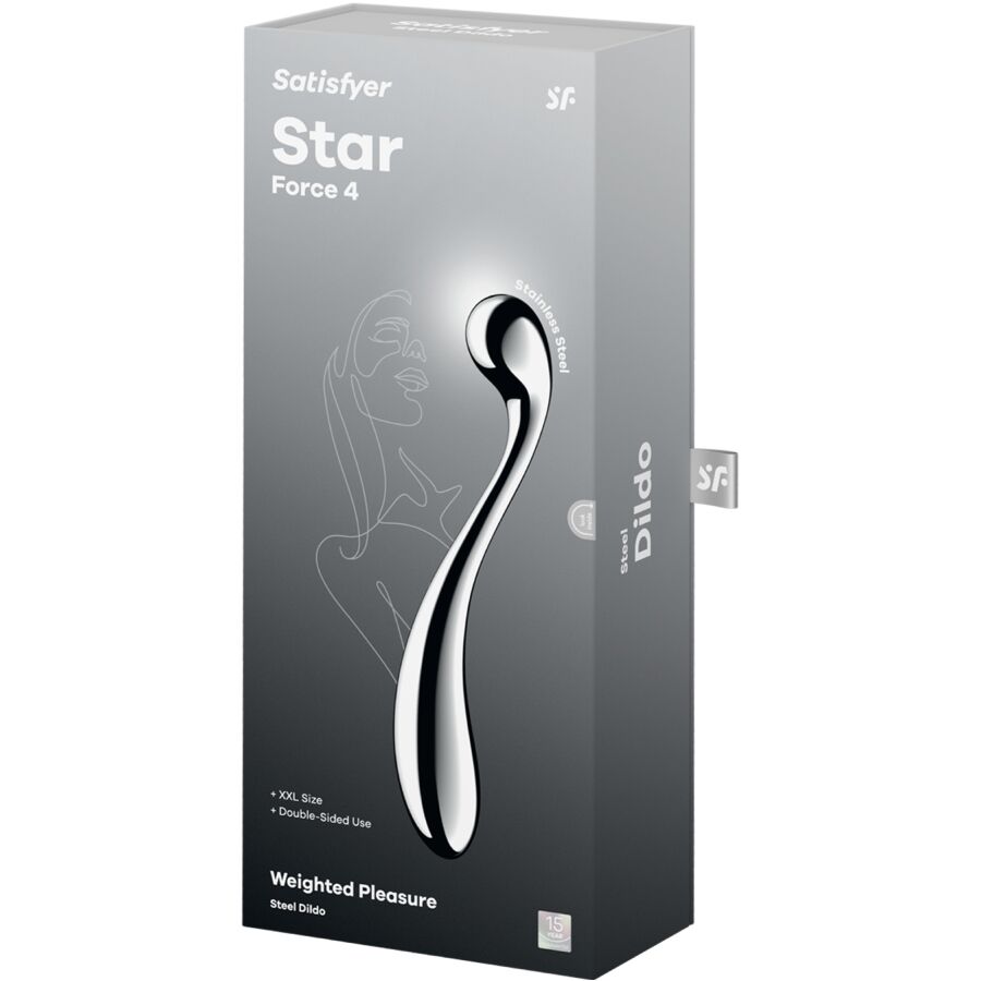 Satisfyer Star Force 4 – schwarz-silberne Originalverpackung des geschwungenen Intimstimulators mit silberfarbener Produktabbildung und Satisfyer Markenlogo in schräger Verpackungsansicht auf weißem Hintergrund – erhältlich bei Evoria Care