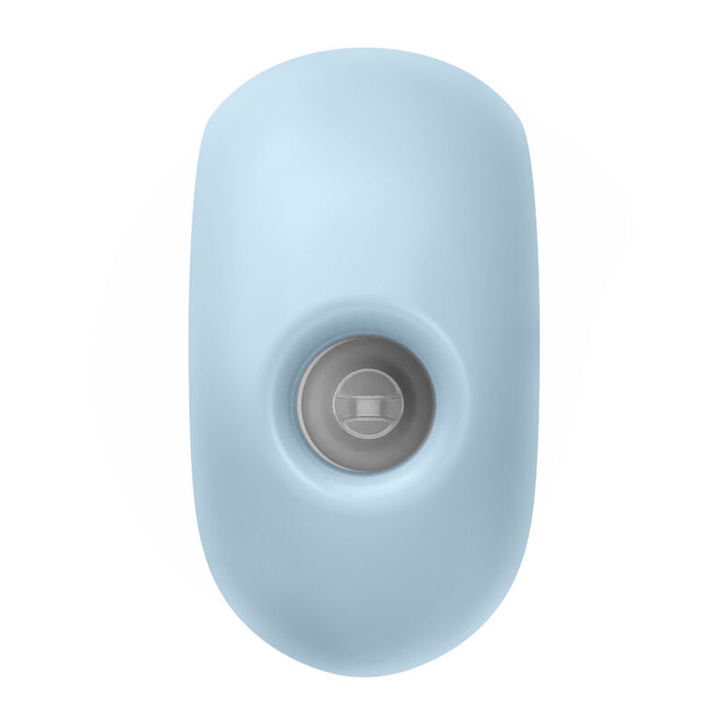 Satisfyer Sugar Rush – hellblauer Klitorisstimulator mit kompakter ovaler Gehäuseform, zentral angeordneter Stimulationsöffnung und dunklerem Innenbereich in aufrechter Vorderansicht auf weißem Hintergrund – erhältlich bei Evoria Care