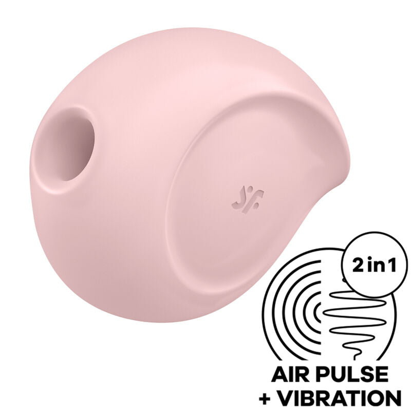 Satisfyer Sugar Rush – rosafarbener Klitorisstimulator mit rundlichem, ergonomisch geformtem Gehäuse, seitlicher Stimulationsöffnung und dezentem Satisfyer Logo in schräger Produktansicht, ergänzt durch eine 2-in-1-Funktionsgrafik für Air Pulse und Vibration auf weißem Hintergrund – erhältlich bei Evoria Care