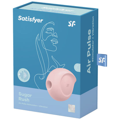 Satisfyer Sugar Rush – türkis-blaue Originalverpackung des rosafarbenen Klitorisstimulators mit Produktabbildung, Satisfyer Markenlogo und aufgedruckten Produktinformationen in schräger Verpackungsansicht auf weißem Hintergrund – erhältlich bei Evoria Care