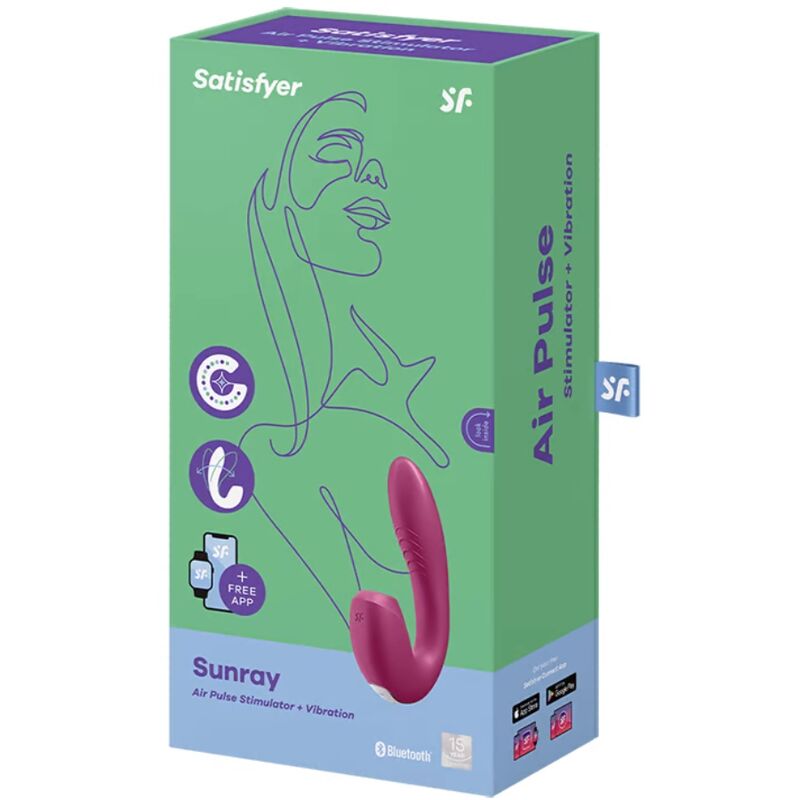 Satisfyer Sunray – grün-lilafarbene Originalverpackung des bordeauxroten Dual-Vibrators mit Produktabbildung, Satisfyer Markenlogo und aufgedruckten Produktinformationen in schräger Verpackungsansicht auf weißem Hintergrund – erhältlich bei Evoria Care