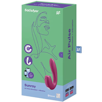 Satisfyer Sunray – grün-lilafarbene Originalverpackung des bordeauxroten Dual-Vibrators mit Produktabbildung, Satisfyer Markenlogo und aufgedruckten Produktinformationen in schräger Verpackungsansicht auf weißem Hintergrund – erhältlich bei Evoria Care