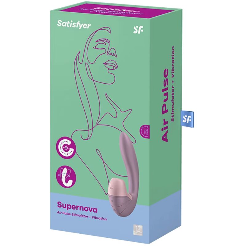 Satisfyer Supernova – grün-lilafarbene Originalverpackung des rosafarbenen Dual-Vibrators mit Produktabbildung, Satisfyer Markenlogo und aufgedruckten Produktinformationen in schräger Verpackungsansicht auf weißem Hintergrund – erhältlich bei Evoria Care