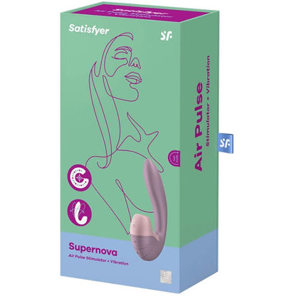 Satisfyer Supernova – grün-lilafarbene Originalverpackung des rosafarbenen Dual-Vibrators mit Produktabbildung, Satisfyer Markenlogo und aufgedruckten Produktinformationen in schräger Verpackungsansicht auf weißem Hintergrund – erhältlich bei Evoria Care