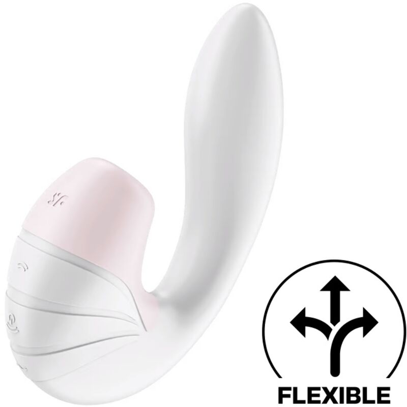Satisfyer Supernova – weiß-rosafarbener Dual-Vibrator mit langem, gebogenem Stimulationsarm, rundlichem Griffbereich und rosafarbenen Bedienelementen in schräger Produktansicht, ergänzt durch eine Flexibilitätsgrafik auf weißem Hintergrund – erhältlich bei Evoria Care