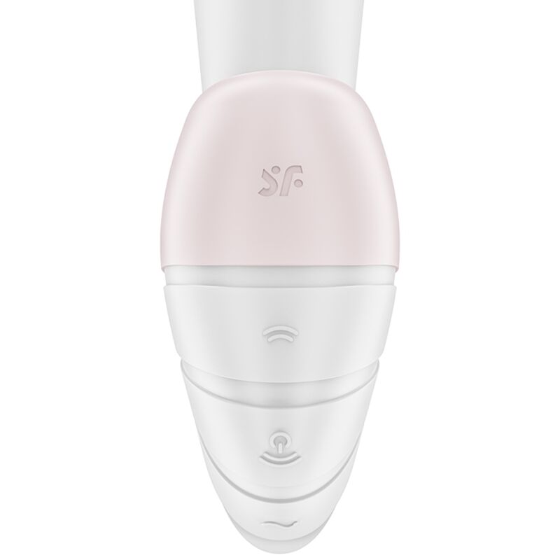 Satisfyer Supernova – weiß-rosafarbener Dual-Vibrator mit ovalem Griffgehäuse, sichtbaren Bedientasten und abgerundetem Stimulationsbereich in einer aufrechten Ansicht von unten auf weißem Hintergrund – erhältlich bei Evoria Care