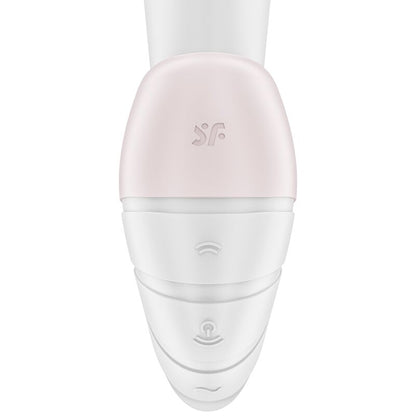Satisfyer Supernova – weiß-rosafarbener Dual-Vibrator mit ovalem Griffgehäuse, sichtbaren Bedientasten und abgerundetem Stimulationsbereich in einer aufrechten Ansicht von unten auf weißem Hintergrund – erhältlich bei Evoria Care