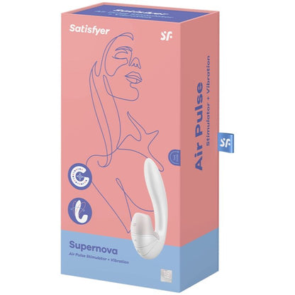 Satisfyer Supernova – orange-blau gestaltete Originalverpackung des weiß-rosafarbenen Dual-Vibrators mit Produktabbildung, Satisfyer Markenlogo und aufgedruckten Produktinformationen in schräger Verpackungsansicht auf weißem Hintergrund – erhältlich bei Evoria Care