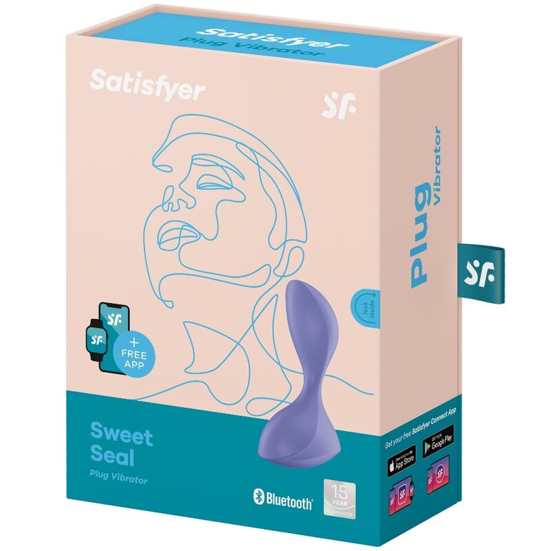 Satisfyer Sweet Seal – rosa-türkise Originalverpackung des lilafarbenen Analplugs mit Produktabbildung, Satisfyer Markenlogo und aufgedruckten Produktinformationen in schräger Verpackungsansicht auf weißem Hintergrund – erhältlich bei Evoria Care