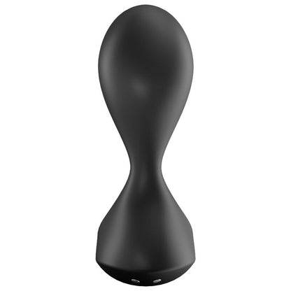 Satisfyer Sweet Seal – schwarzer Analplug mit abgerundetem, ovalem Stimulationskopf, verjüngtem Hals und breiter, geschwungener Basis in aufrechter Vorderansicht auf weißem Hintergrund – erhältlich bei Evoria Care