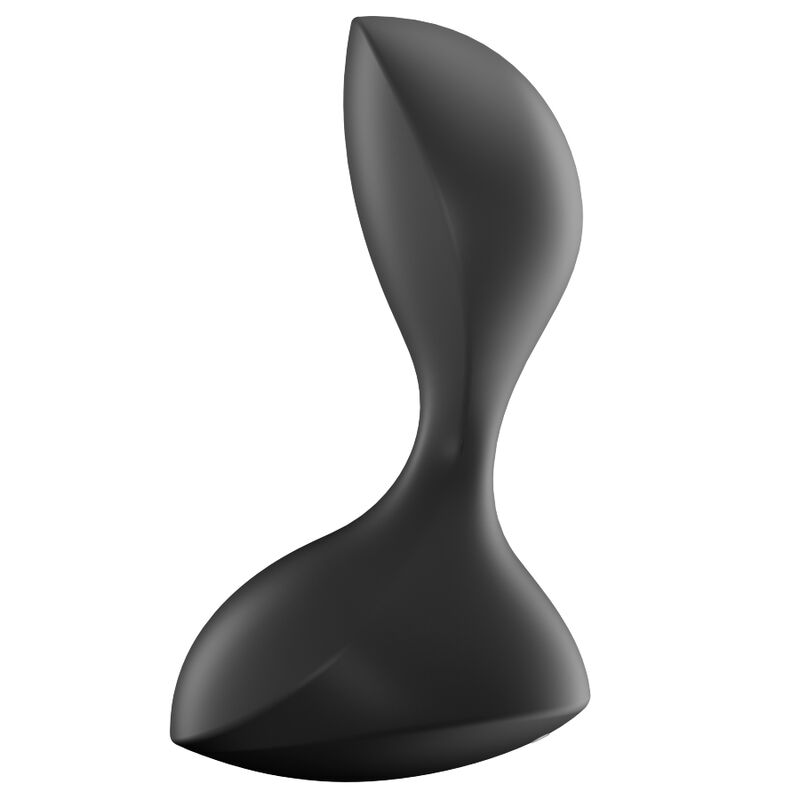Satisfyer Sweet Seal – schwarzer Analplug mit glatter Oberfläche, ovalem Stimulationskopf, schmalem Verbindungsstück und verbreiterter, ergonomisch geschwungener Basis in aufrechter Seitenansicht auf weißem Hintergrund – erhältlich bei Evoria Care