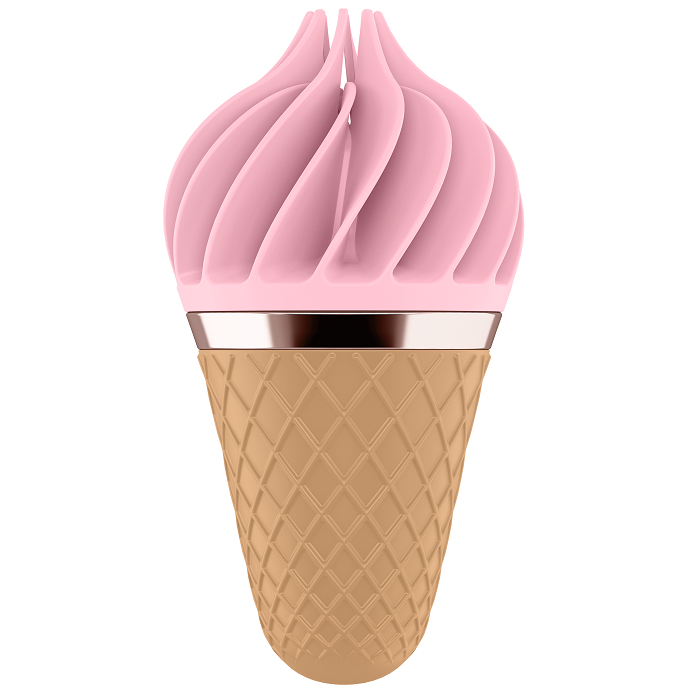 Satisfyer Sweet Treat – rosafarbener Intimvibrator im Eiscreme-Design mit spiralförmig gestaltetem Softeis-Aufsatz, goldfarbenem Zierring und beigefarbenem Griff in Waffelhörnchen-Optik auf weißem Hintergrund – erhältlich bei Evoria Care