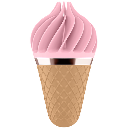 Satisfyer Sweet Treat – rosafarbener Intimvibrator im Eiscreme-Design mit spiralförmig gestaltetem Softeis-Aufsatz, goldfarbenem Zierring und beigefarbenem Griff in Waffelhörnchen-Optik auf weißem Hintergrund – erhältlich bei Evoria Care