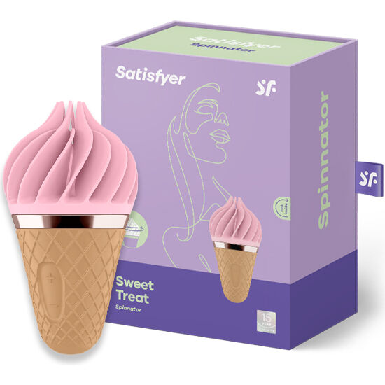 Satisfyer Sweet Treat – lilafarbene Originalverpackung des rosafarbenen Eiscreme-Vibrators mit Produktabbildung, Satisfyer Markenlogo und dekorativen Grafikelementen in schräger Ansicht auf weißem Hintergrund – erhältlich bei Evoria Care