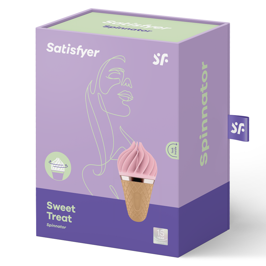Satisfyer Sweet Treat – violette Originalverpackung mit Abbildung des rosafarbenen Eiscreme-Vibrators, beigefarbenem Waffelhörnchen-Griff und aufgedruckten Produktinformationen in weiterer Verpackungsansicht – erhältlich bei Evoria Care