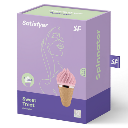 Satisfyer Sweet Treat – violette Originalverpackung mit Abbildung des rosafarbenen Eiscreme-Vibrators, beigefarbenem Waffelhörnchen-Griff und aufgedruckten Produktinformationen in weiterer Verpackungsansicht – erhältlich bei Evoria Care