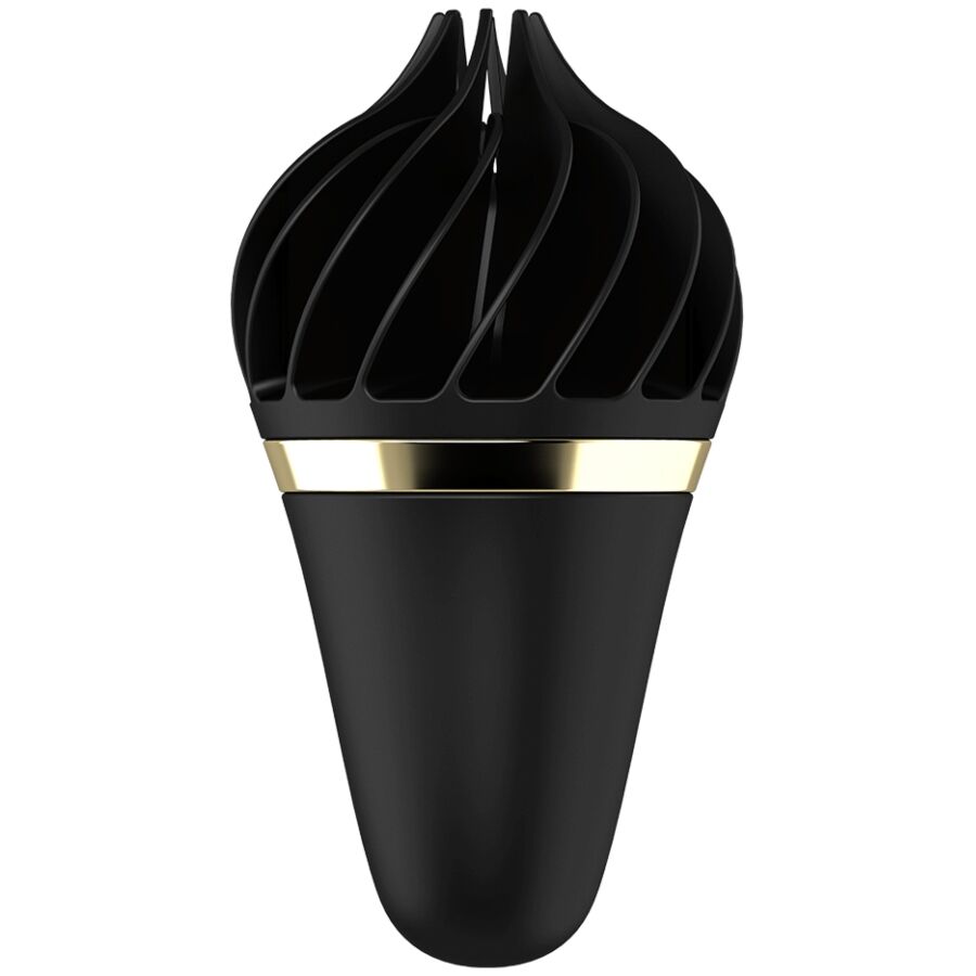 Satisfyer Sweet Treat – schwarzer Intimvibrator in Eiscreme-Optik mit strukturierter, gedrehter Spitze, goldfarbenem Zierring und konisch zulaufendem Griff in vollständiger Produktansicht auf weißem Hintergrund – erhältlich bei Evoria Care