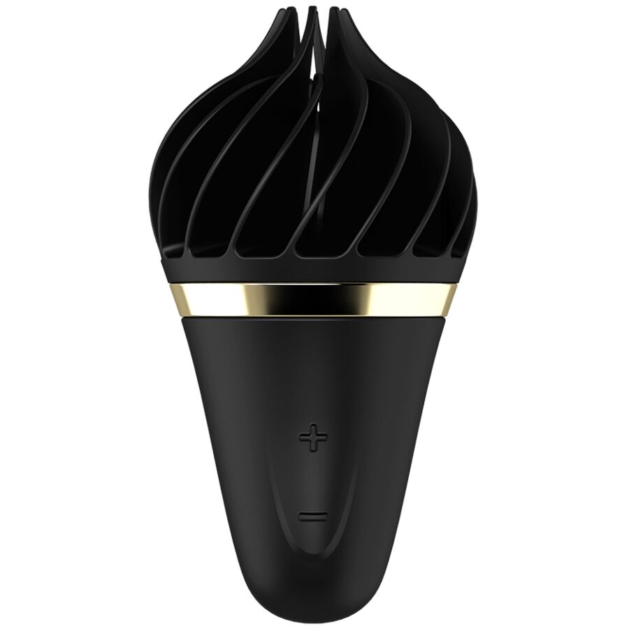 Satisfyer Sweet Treat – schwarzer Intimvibrator im Softeis-Design mit spiralförmig strukturierter Spitze, goldfarbenem Zierring und konisch geformtem schwarzem Griff in aufrechter Vorderansicht auf weißem Hintergrund – erhältlich bei Evoria Care