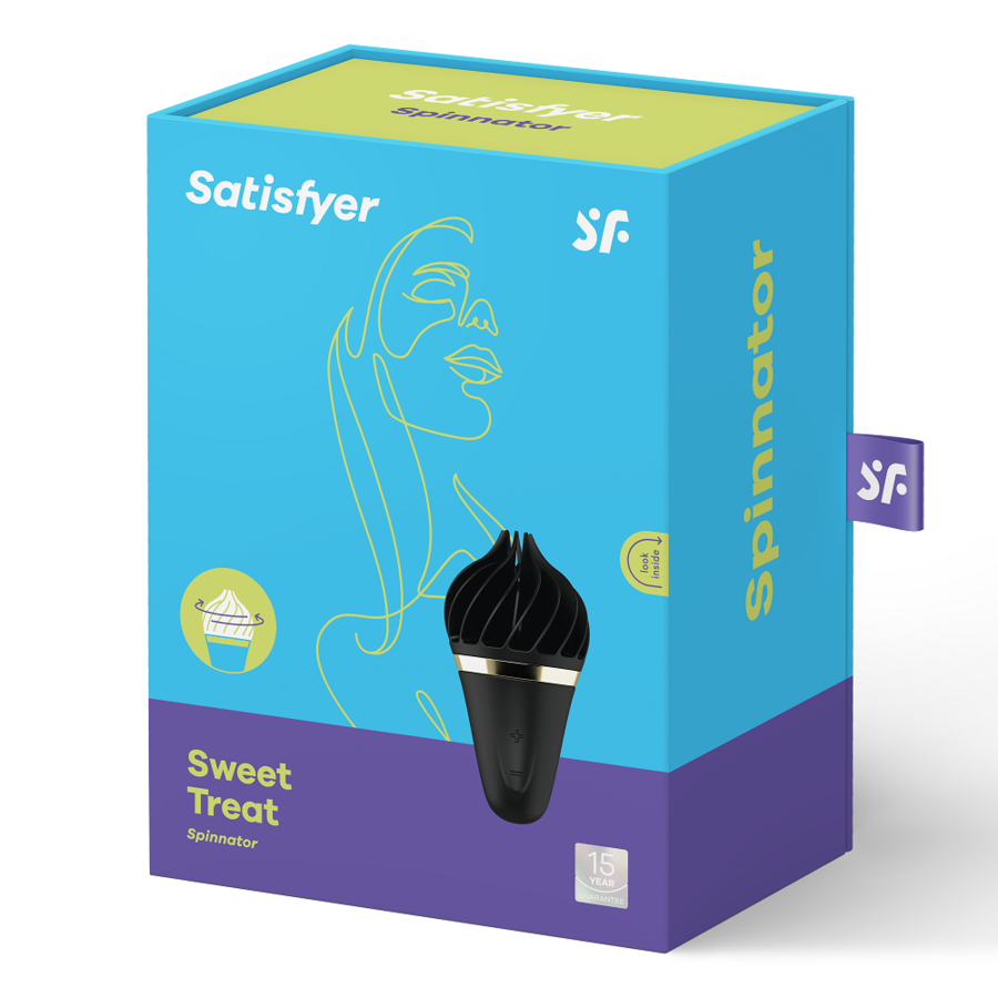 Satisfyer Sweet Treat – türkis-lilafarbene Originalverpackung des schwarzen Eiscreme-Vibrators mit Produktabbildung, Satisfyer Markenlogo und dekorativen Grafikelementen in schräger Verpackungsansicht auf weißem Hintergrund – erhältlich bei Evoria Care