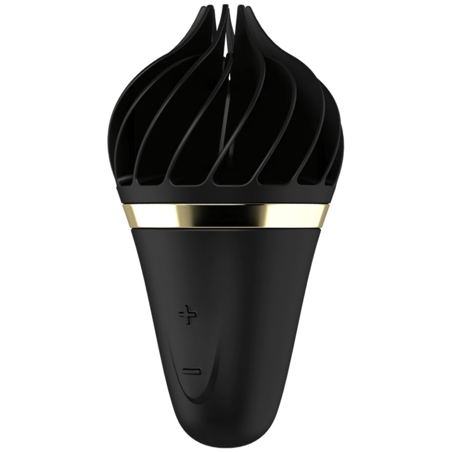 Satisfyer Sweet Treat – schwarzer Eiscreme-Vibrator mit gedrehter Softeis-Spitze, glänzendem goldfarbenem Ring und schwarzem Griff in einer weiteren frontalen Produktansicht – erhältlich bei Evoria Care