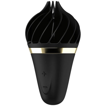 Satisfyer Sweet Treat – schwarzer Eiscreme-Vibrator mit gedrehter Softeis-Spitze, glänzendem goldfarbenem Ring und schwarzem Griff in einer weiteren frontalen Produktansicht – erhältlich bei Evoria Care