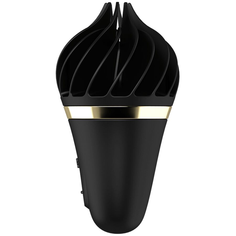 Satisfyer Sweet Treat – schwarzer Vibrator mit auffällig spiralförmigem Softeis-Aufsatz, goldfarbenem Übergangsring und glattem schwarzem Griff in aufrechter Detailansicht auf weißem Hintergrund – erhältlich bei Evoria Care