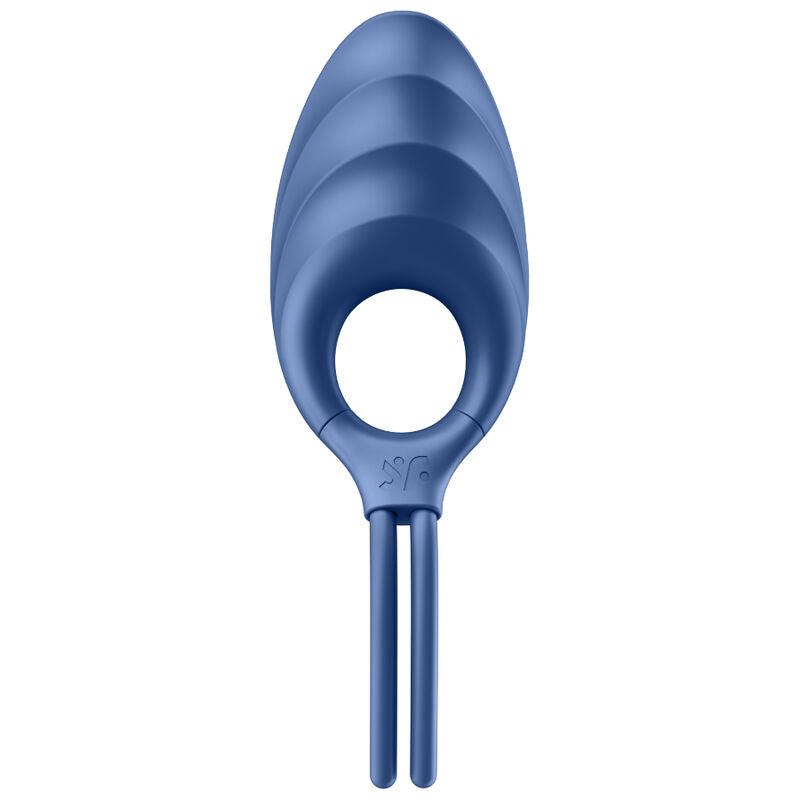 Satisfyer Swordsman – blauer Intimvibrator mit ovaler Ringöffnung, strukturiertem Stimulationskopf und zwei schlanken, parallel verlaufenden Schaftenden in aufrechter Vorderansicht auf weißem Hintergrund – erhältlich bei Evoria Care