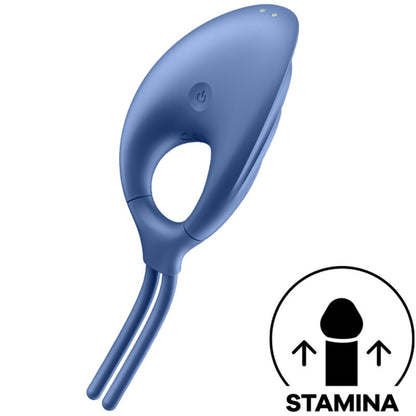Satisfyer Swordsman – blauer Intimvibrator mit geripptem Stimulationskopf, ovaler Ringöffnung und ergonomisch geschwungenem Schaft in schräger Produktansicht, ergänzt durch eine schwarz-weiße Pleasure-Spots-Funktionsgrafik – erhältlich bei Evoria Care