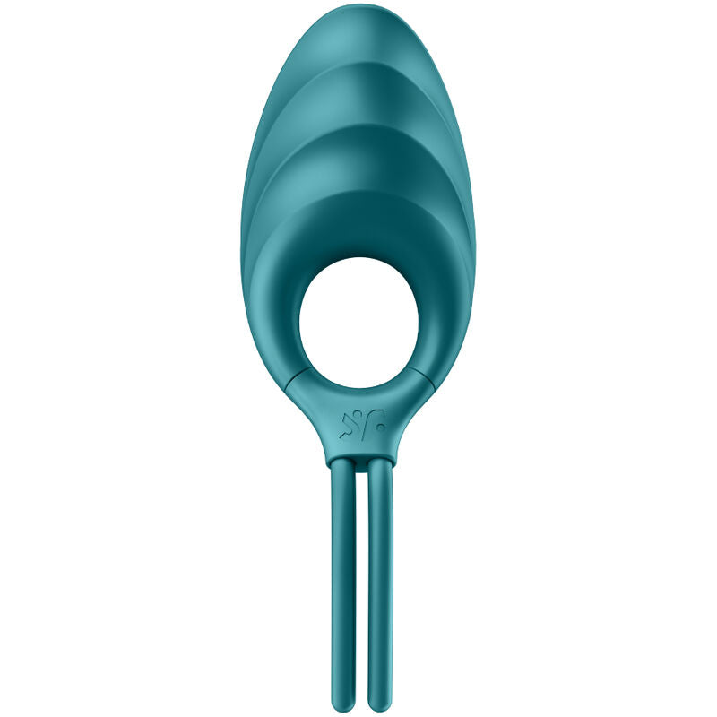 Satisfyer Swordsman – türkisfarbener Intimvibrator mit geripptem, abgerundetem Stimulationskopf, ovaler Ringöffnung und zwei schlanken, parallel verlaufenden Schaftenden in aufrechter Vorderansicht auf weißem Hintergrund – erhältlich bei Evoria Care
